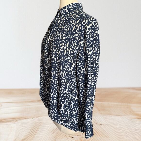 NU New York Popover High Low Bubble Pullover Top O/S Navy Print Trendy Upscale - Picture 7 of 10